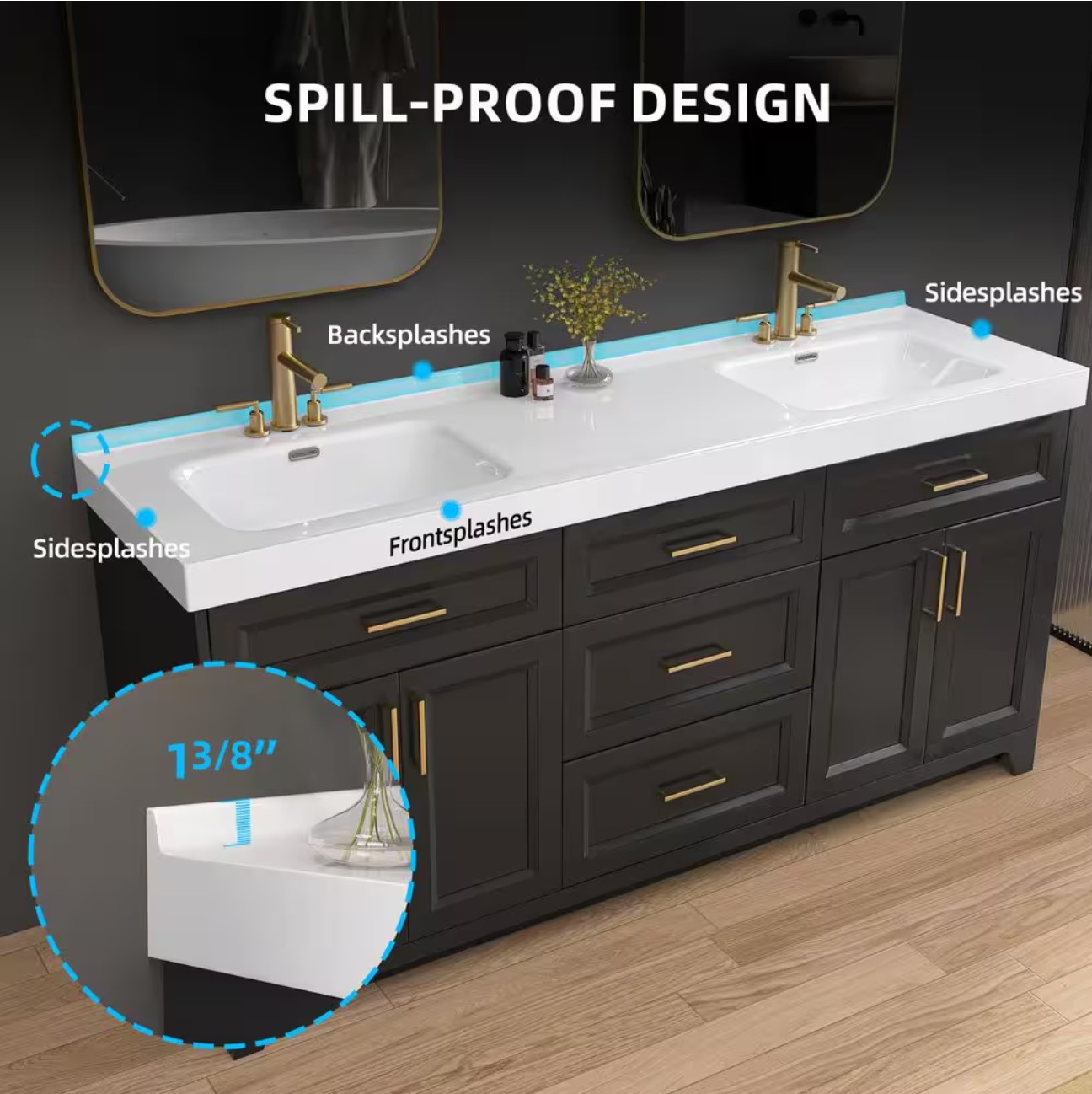 Ebo 73 in. W x 22 in. D Solid Surface White Rectangular Double Sink Vanity Top with Backsplash Basin Bathroom Countertop