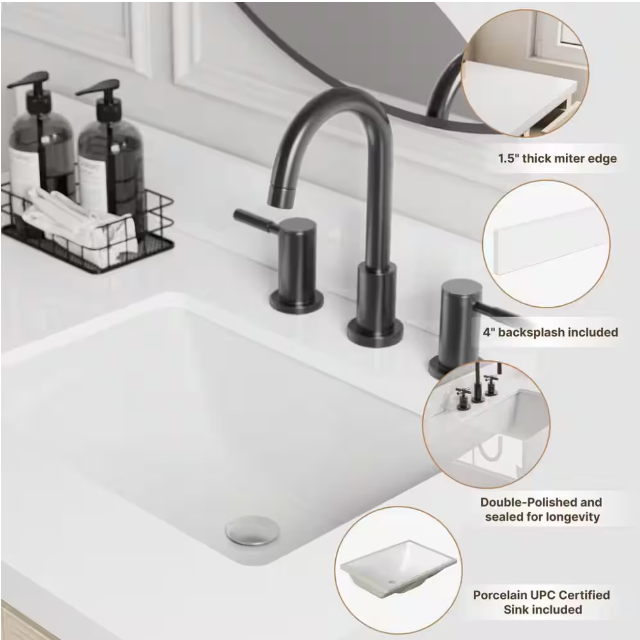 49 in. W x 22 in. D in Pure White Quartz with 1.5 in. Thick Milter Edge with Rectangle Single Sink Vanity Top in White